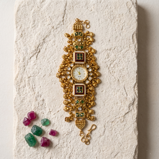 Regal Antique Kundan Heritage Bracelet Watch – Emerald Edition