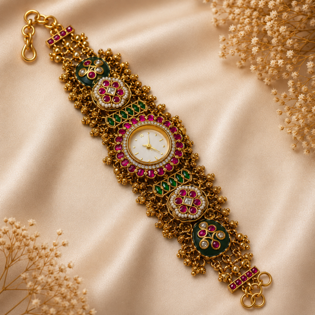 Royal Kundan Heritage Bracelet Watch with Ruby & Emerald Accents