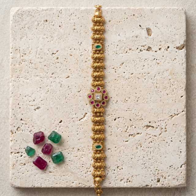 Women's Antique Gold-Plated Floral Ruby & Emerald Stone Traditional Bracelet
