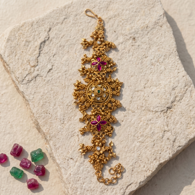 Women's Antique Gold-Plated Temple Floral Designer Bracelet