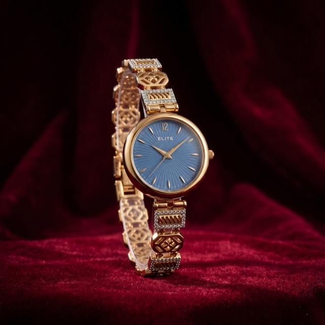 Women's Gold-Tone Blue Dial Crystal Designer Analog Watch